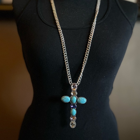 Statement Turquoise and Silver Cross Pendant Necklace NWT - Picture 3 of 9